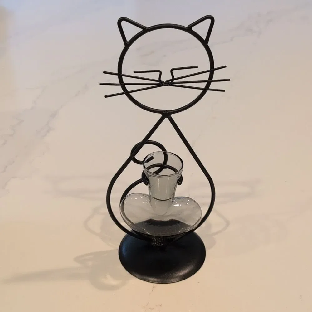 Black Wire Cat Hydroponic Desktop Smoky Glass Flower Vase Holder